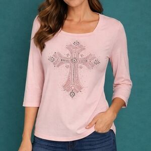 3/$30 ISAAC'S DESIGNS Pastel Pink Embellished Cross Square Neck Top